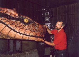 The practical python head shown here with PYTHON director Richard Clabaugh on the set of the movie.